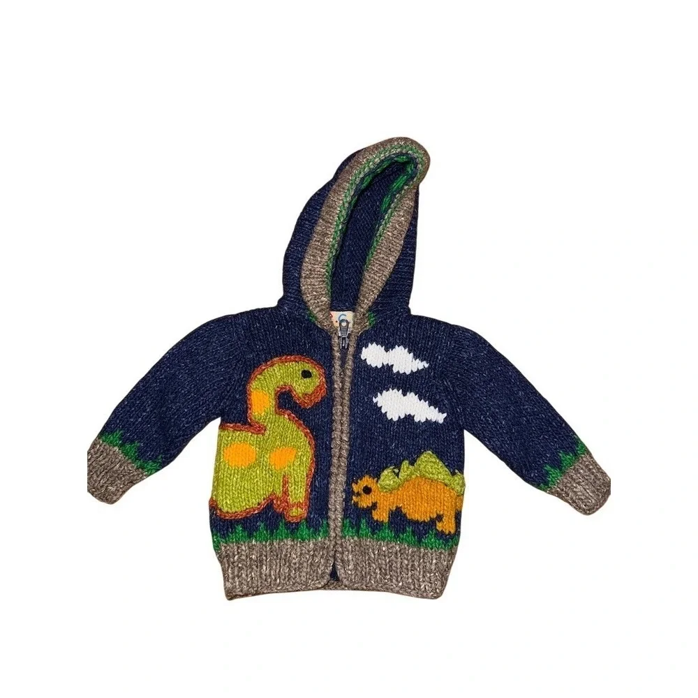 ECC Unisex‎ Kids Hooded Full Zip Knit Sweater Jacket Dinosaur Graphic M 3-D wool